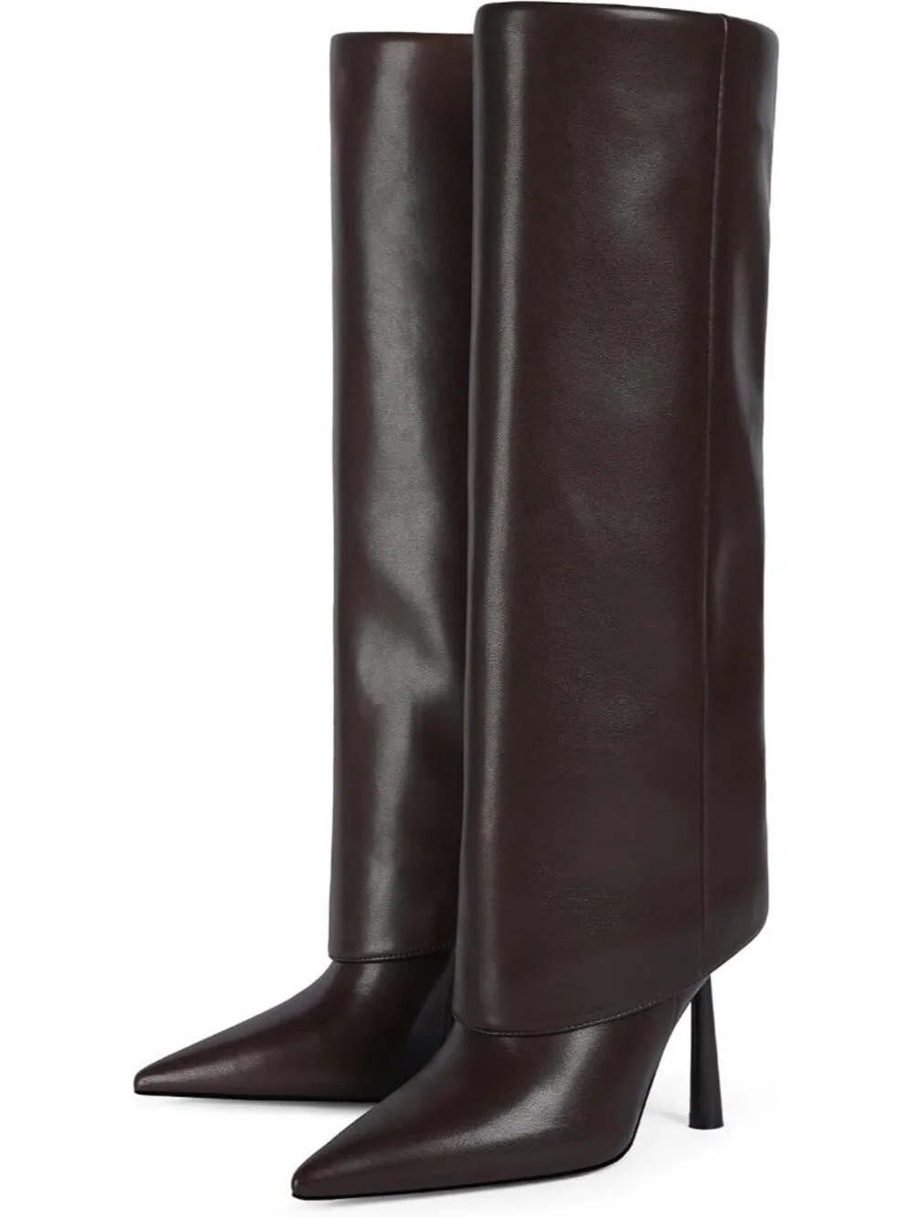 Women Chocolate Brown Stiletto Heel Pointed Toe Side Zipper Knee High Shark Boot